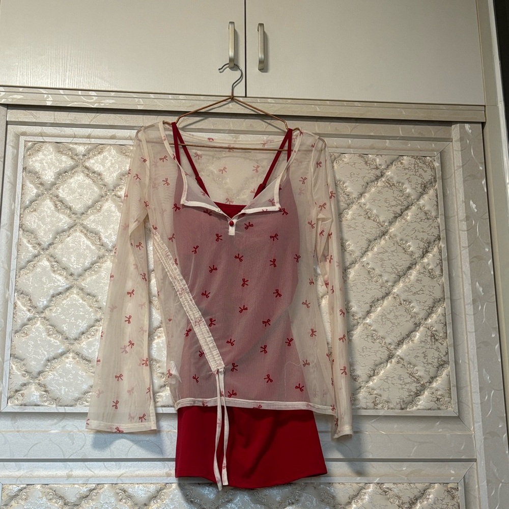 Sheer Bow-Embroidered Two-Piece Sleep Set - Red